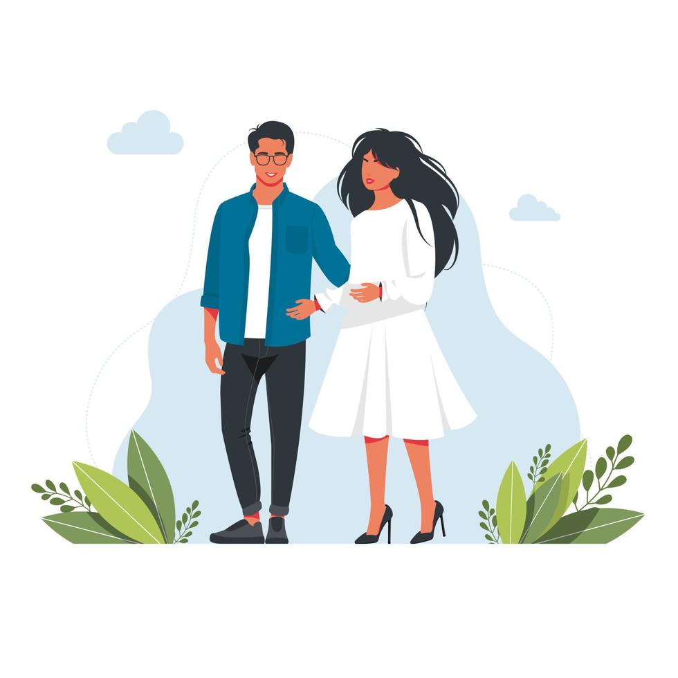 a man and a woman are standing together hugging Young romantic couple on a date. Woman, man are in love. Husband and wife family. Couple cuddling. Happy man and woman standing together having.Vector vector