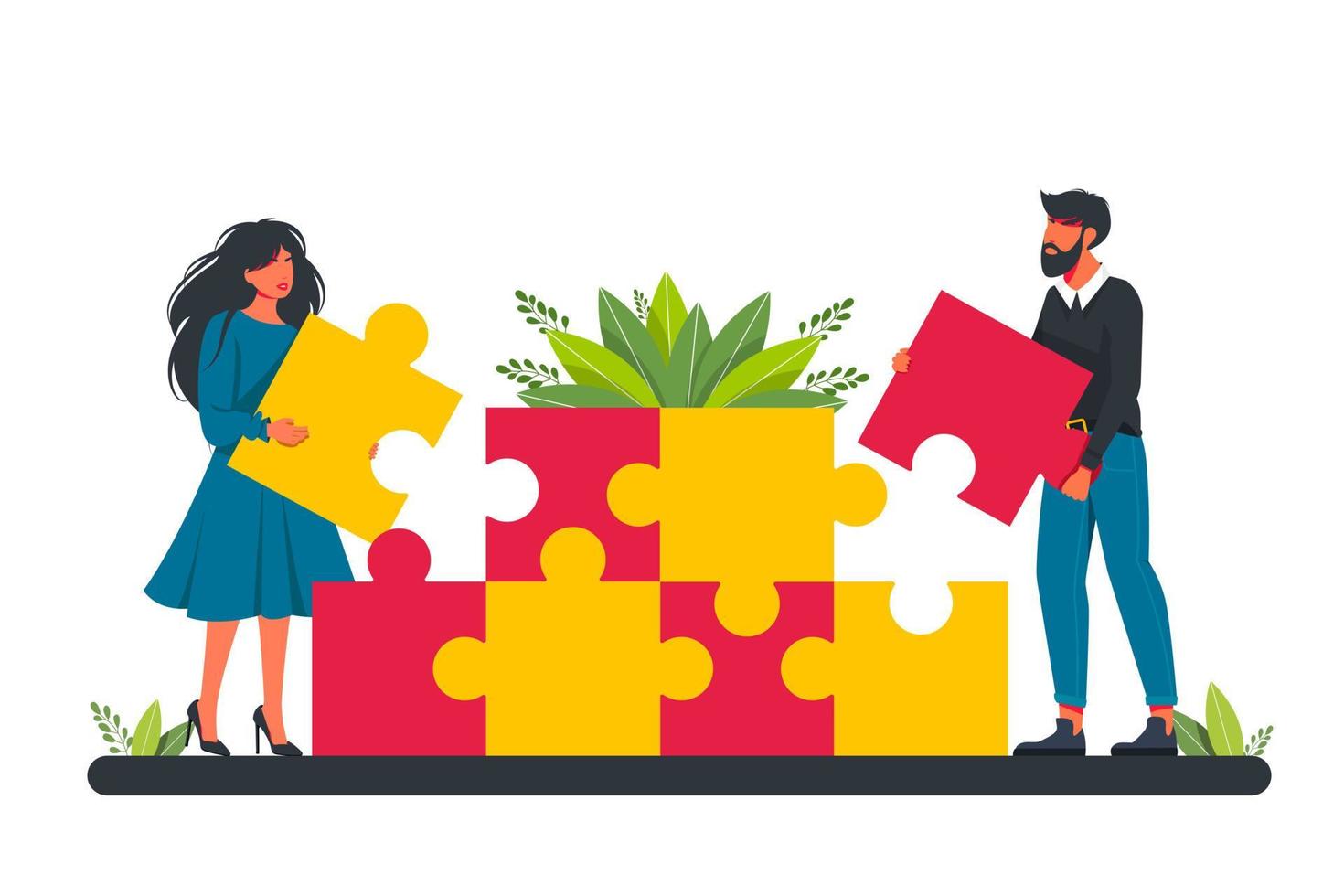 Partners holding big jigsaw puzzle pieces flat vector illustration. Successful partnership, communication, collaboration metaphor. Teamwork, business cooperation concept. Vector illustration