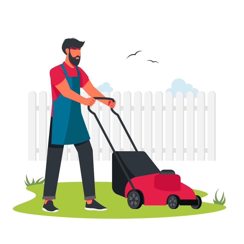 Man Mowing The Lawn. Professional gardener using garden machinery, equipment and tools mowing, cutting, trimming grass and shrubbery. Backyard landscaping, plants cultivating, garden maintenance. vector