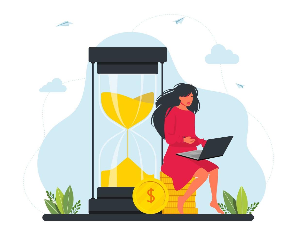 Female freelancer character working on a laptop sitting on a pile of gold coins near a huge hourglass. Freelancer money making, investment, growth concept. Vector illustration.