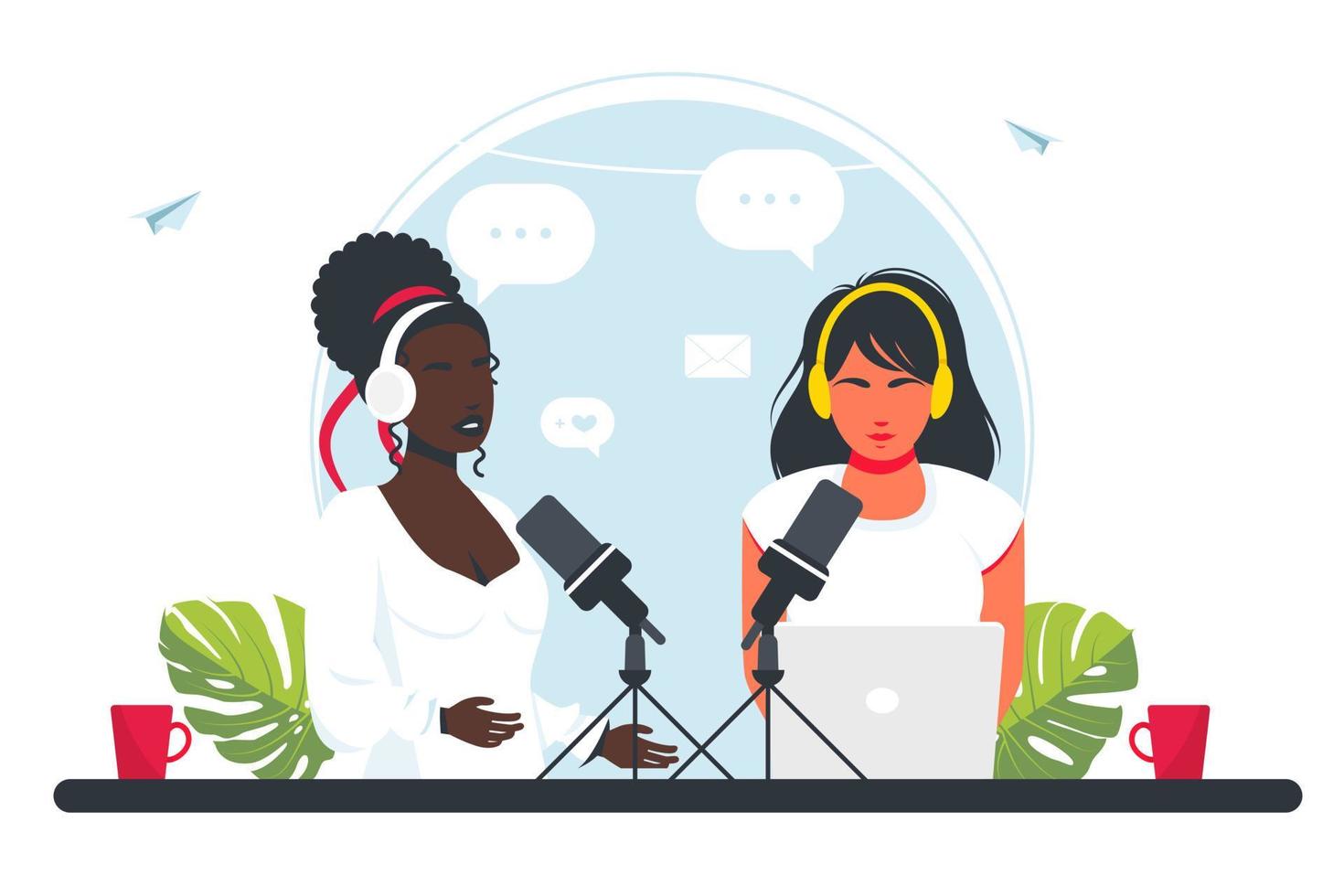 mujer mujer africana y mujer europea grabando un podcast, transmitiendo en línea por radio. personas con auriculares hablando por un micrófono. persona locutor de radio entrevistando invitado, radiodifusión de medios de comunicación masiva vector