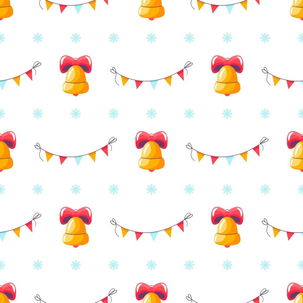 Christmas pattern seamless cute bells, festive garlands, Bunting flags. Template for printing onto fabric, wrapping paper design. Children's background for fabric, textile, wallpaper, clothing. Vector