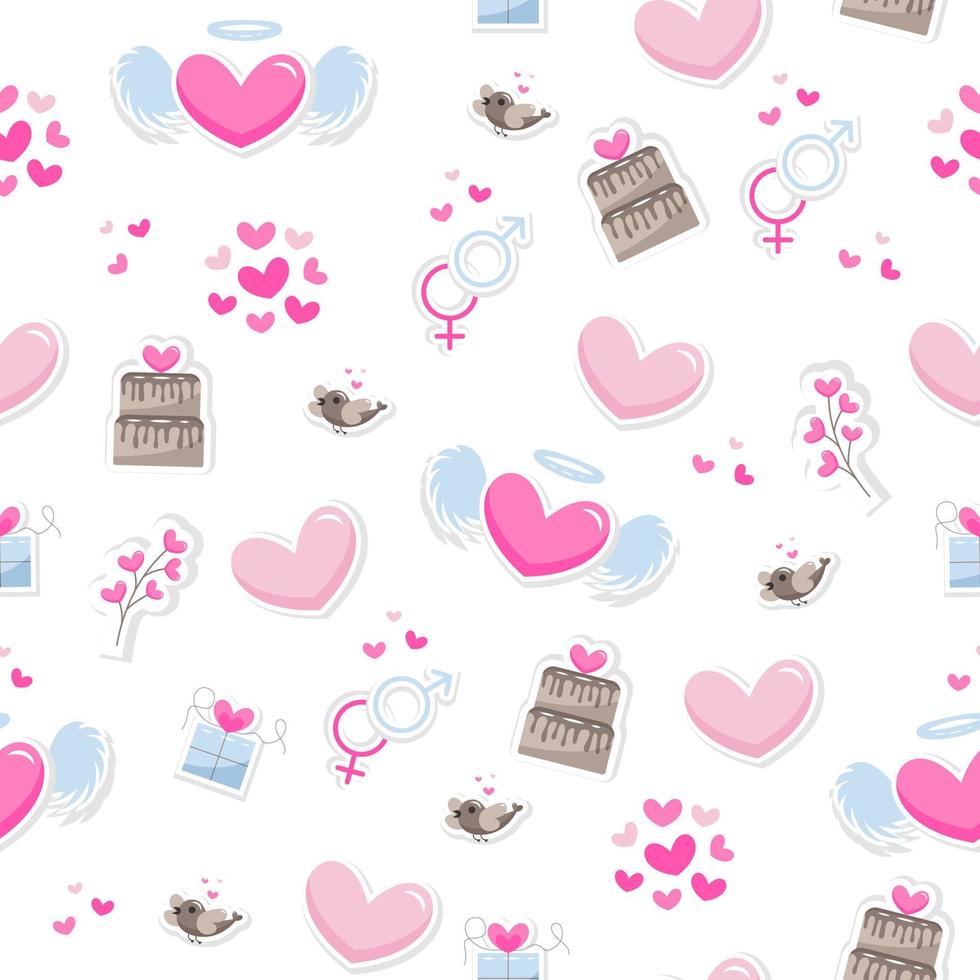 Valentine's day elements abstract background. Set of cute hand drawn icons about love isolated on white background in delicate shades of colors. Pattern Happy Valentine's Day vector