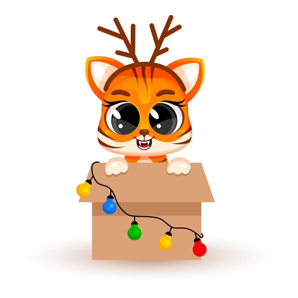 A cute cartoon tiger cub sits in a large box with garlands. Christmas concept, Chinese New Year,a symbol of 2022. Fashionable sticker. Christmas card. Vector illustration isolated on white background.