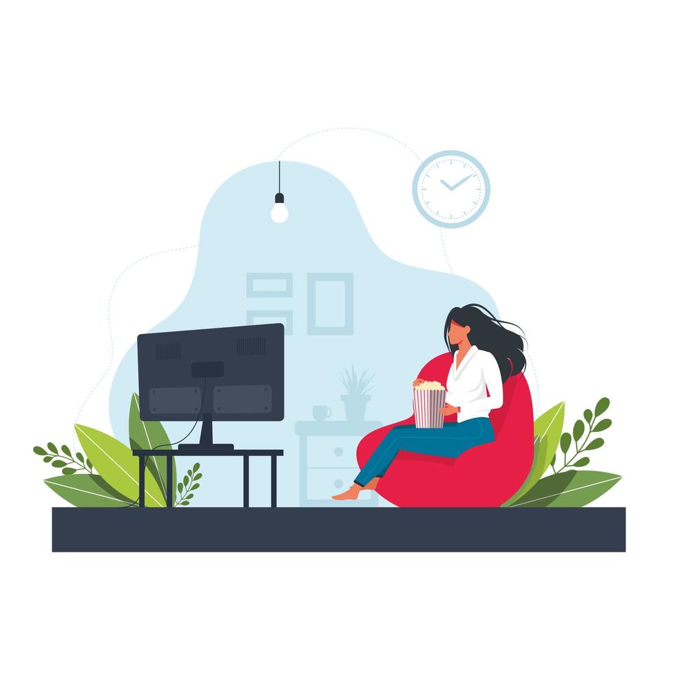 A young woman is sitting on the pouf, watching TV and eating popcorn. The concept of daily life, everyday leisure and work activities. Flat cartoon vector illustration.