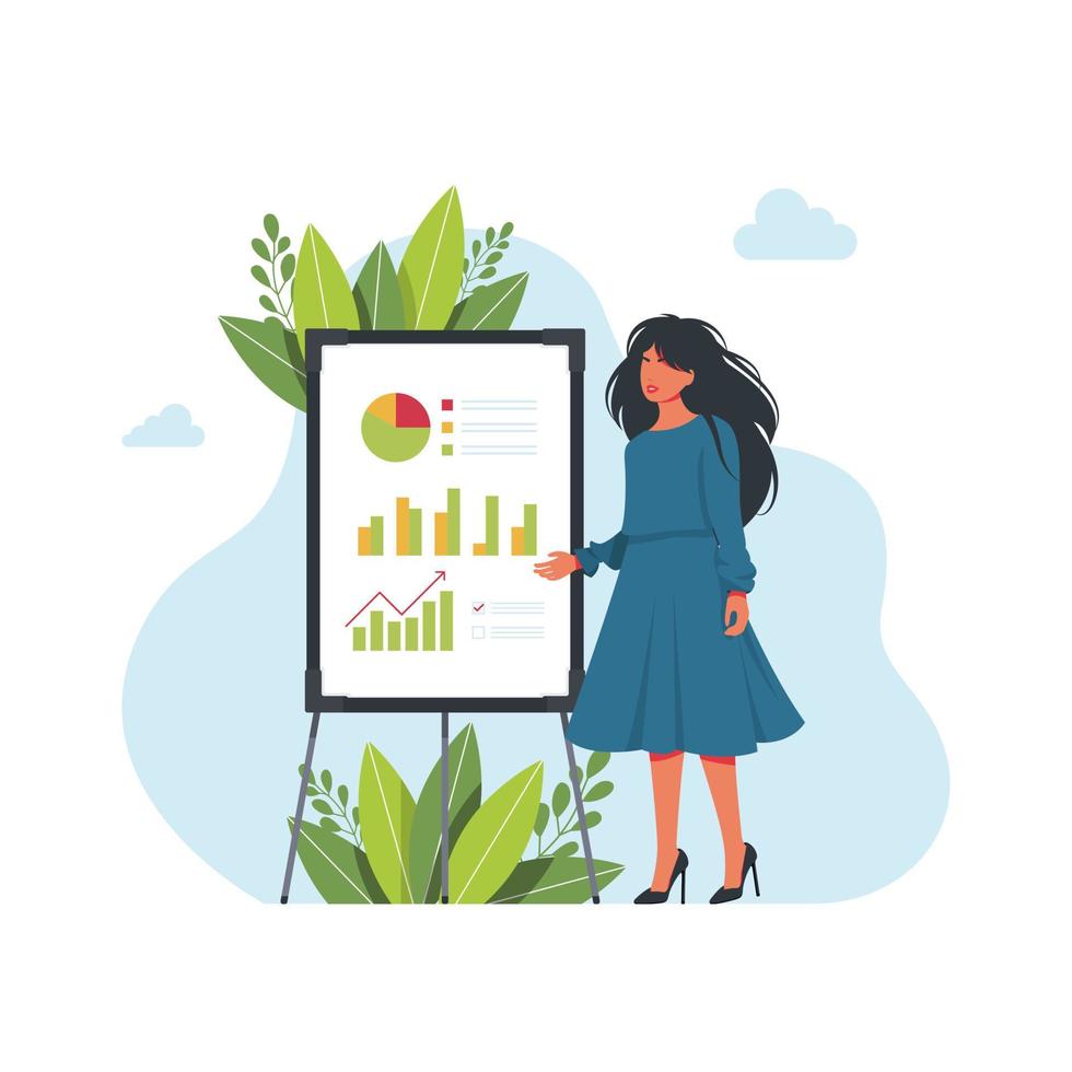 Businesswoman standing near the blackboard making a presentation. Indicates and explains the diagram, gives report. Young beautiful business woman against. Vector illustration