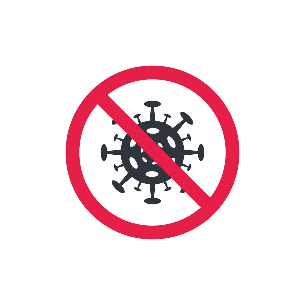 virus in red crossed out circle, Poster design with coronavirus molecule in crossed red circle. Vector illustration. sign prohibited virus in red crossed out circle on white background