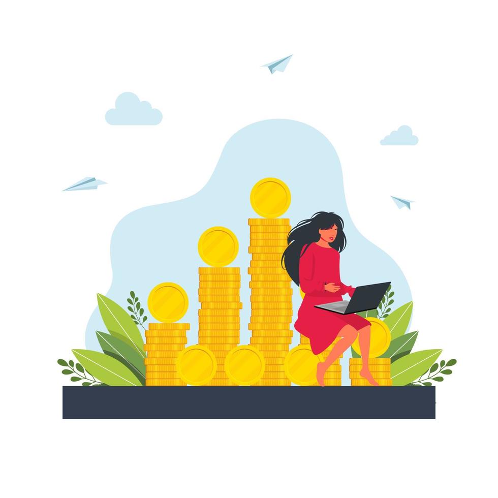 woman sitting on a pile of coins, working at a laptop. Girl Freelancer Working on Laptop Sitting on Huge Pile of Golden Coins Thinking of Tasks. Making money - flat design style colorful illustration vector