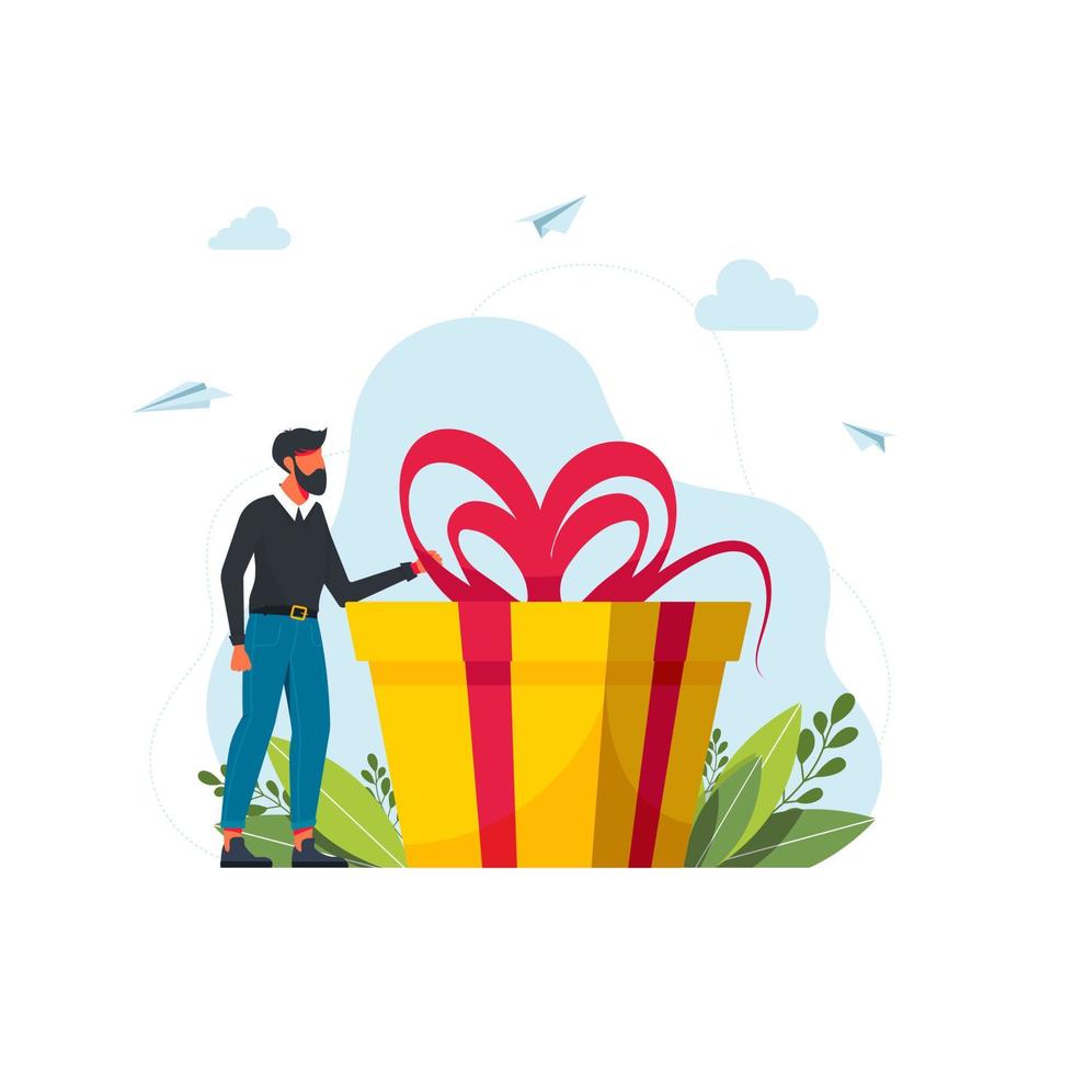 Loyalty Program for Regular Clients Concept.Business concept. man holds big gift box. Vector flat cartoon illustration. man with a gift box. Gift for the holiday. girl standing next to large gift.