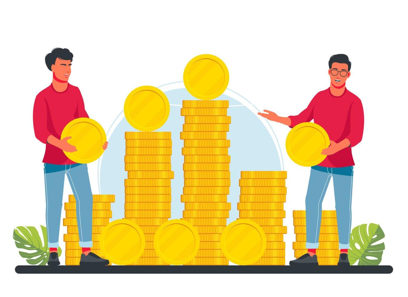 Success Businessmen stand next to coins. Investors working for profit, revenue, dividend. Employees invest capital in idea or starting business. Investment, money, finance. Income growth concept. vector