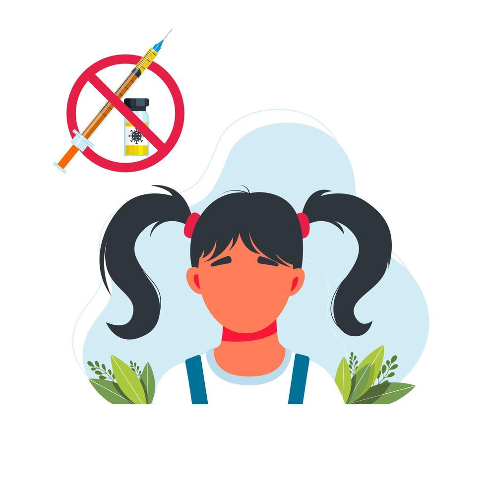no vaccine for children. children are afraid of the vaccine. Vaccines and immunization concept. Cartoon vector banner of a syringe and frightened small girl. vector illustration