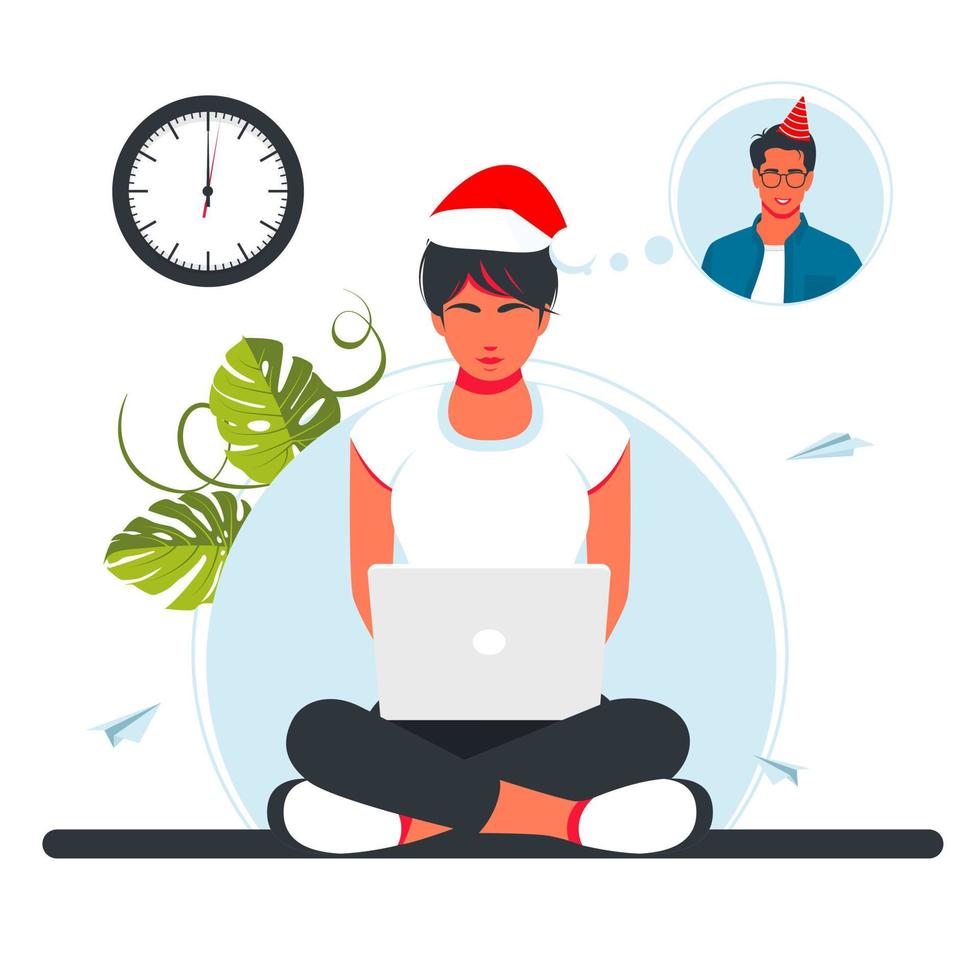 a man and a woman communicate by video link on Christmas night or New Year. Friends celebrating the new year online. Party online, video call. Vector illustration. Online meeting on Christmas weekend