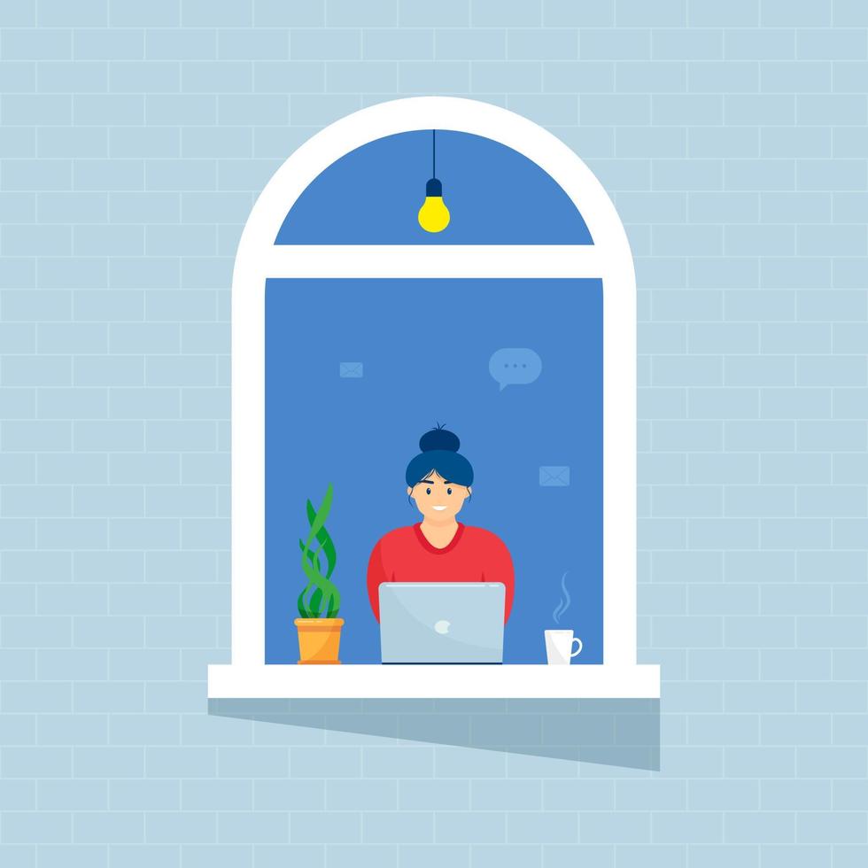 A woman in windows house look out of room or apartment, work on a laptop, Concept people sit at home, working, studying and rest. Home isolation. lockdown. vector