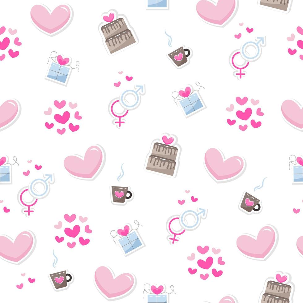 Valentine's day elements abstract background. Set of cute hand drawn icons about love isolated on white background in delicate shades of colors. Pattern Happy Valentine's Day vector