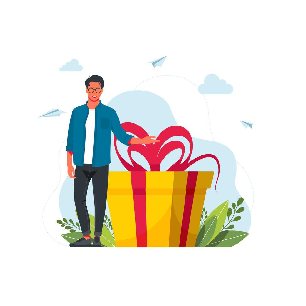 Loyalty Program for Regular Clients Concept.Business concept. man holds big gift box. Vector flat cartoon illustration. man with a gift box. Gift for the holiday. girl standing next to large gift.