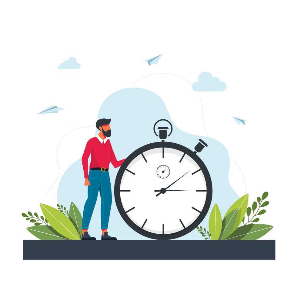 Hurrying man and stopwatch. Concept of time management, effective planning for productive work, stressful task, deadline, countdown. Modern flat colorful vector illustration for poster, banner.