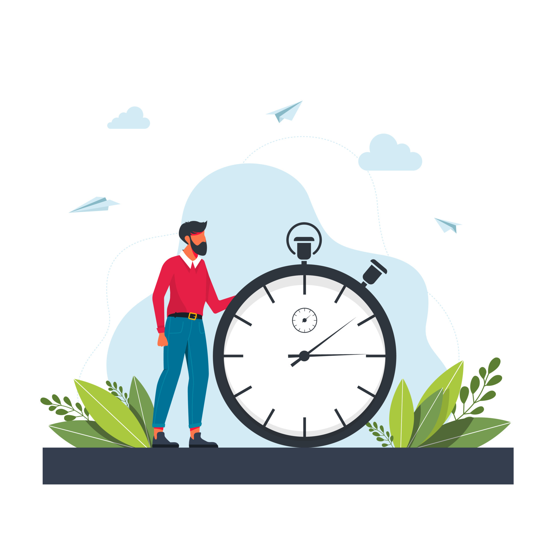 Premium Vector  Hand holds a stopwatch. time management concept. countdown  of stopwatch. timer in hand vector illustration flat style. deadline,  punctuality, stop time on competition, start work, interval control
