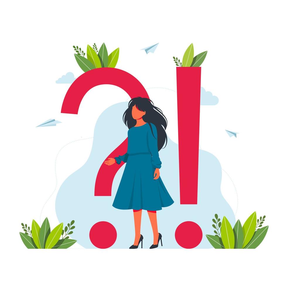 concept of frequently asked questions of exclamation marks and question marks, metaphor question answer. FAQ Concept. Businesswoman around of Huge Question and Exclamation Marks. Vector illustration