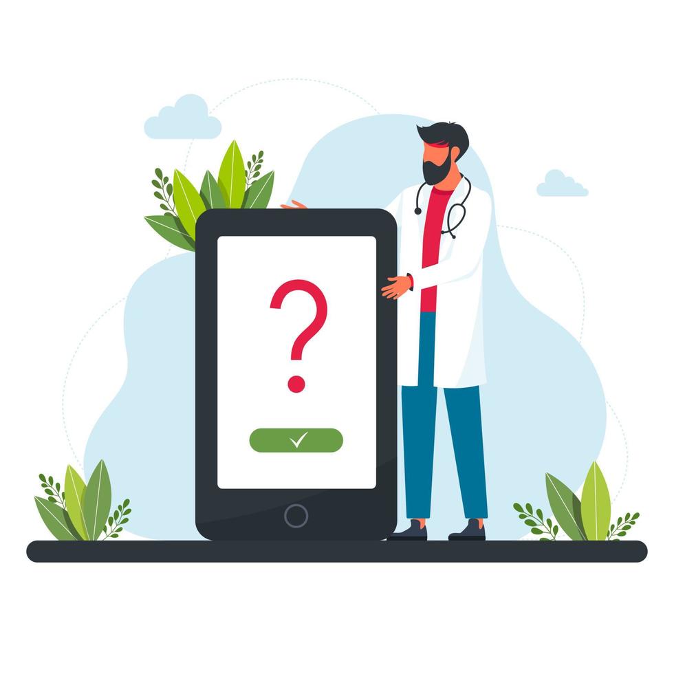 The doctor stands in front of a large phone. Online medical  consultation about disease. Doctor appointment. Online consultation. Modern healthcare technologies concept. Vector illustration