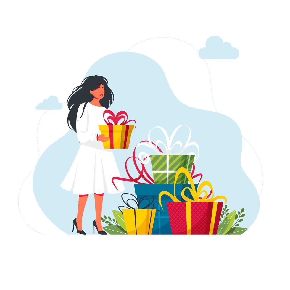 Gift boxes with a bow. Loyalty program concept. People getting gifts and rewards from store, bonus points, discount. vector