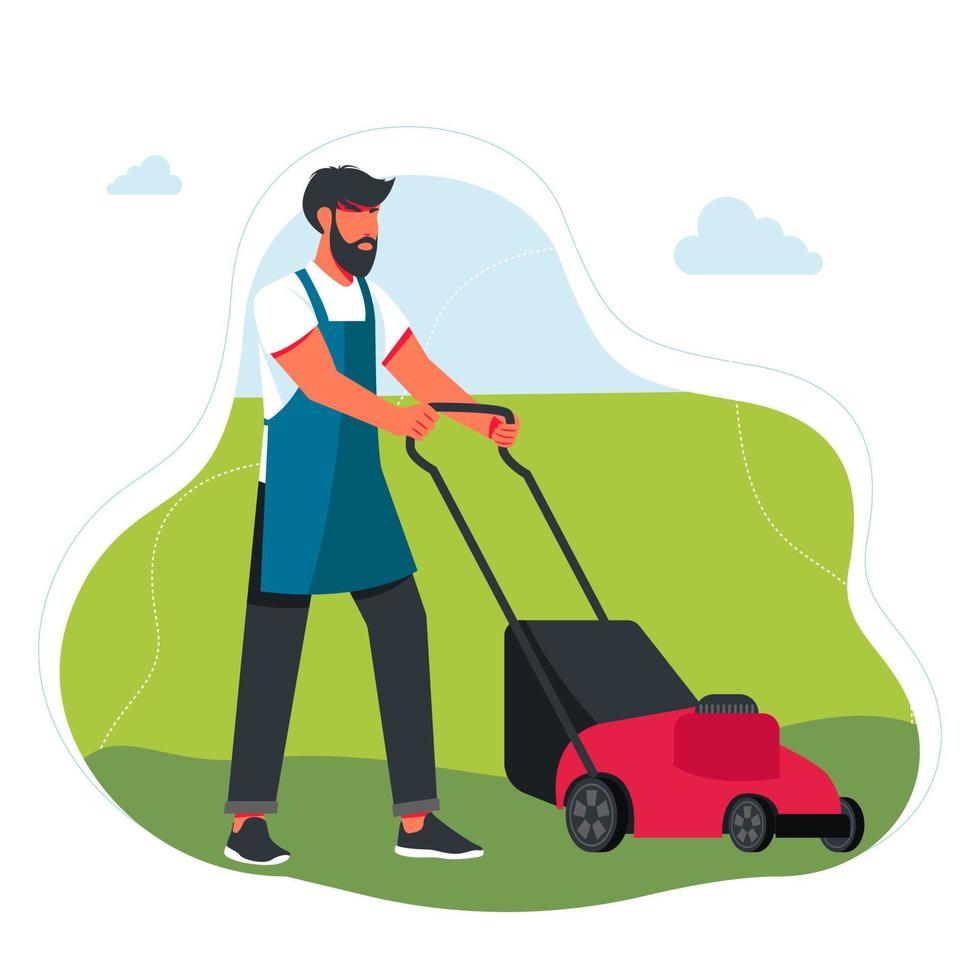 Man Mowing The Lawn. Professional gardener using garden machinery, equipment and tools mowing, cutting, trimming grass and shrubbery. Backyard landscaping, plants cultivating, garden maintenance. vector