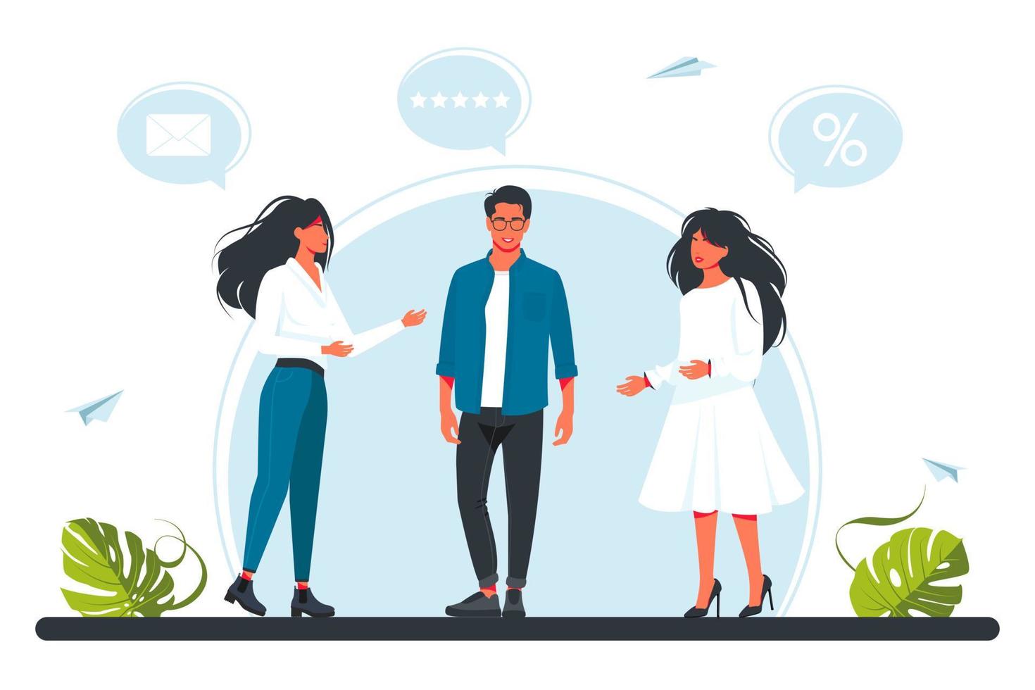 a team of people are discussing something with each other. Men and women giving stars, rating. Business people meeting. Vector illustration
