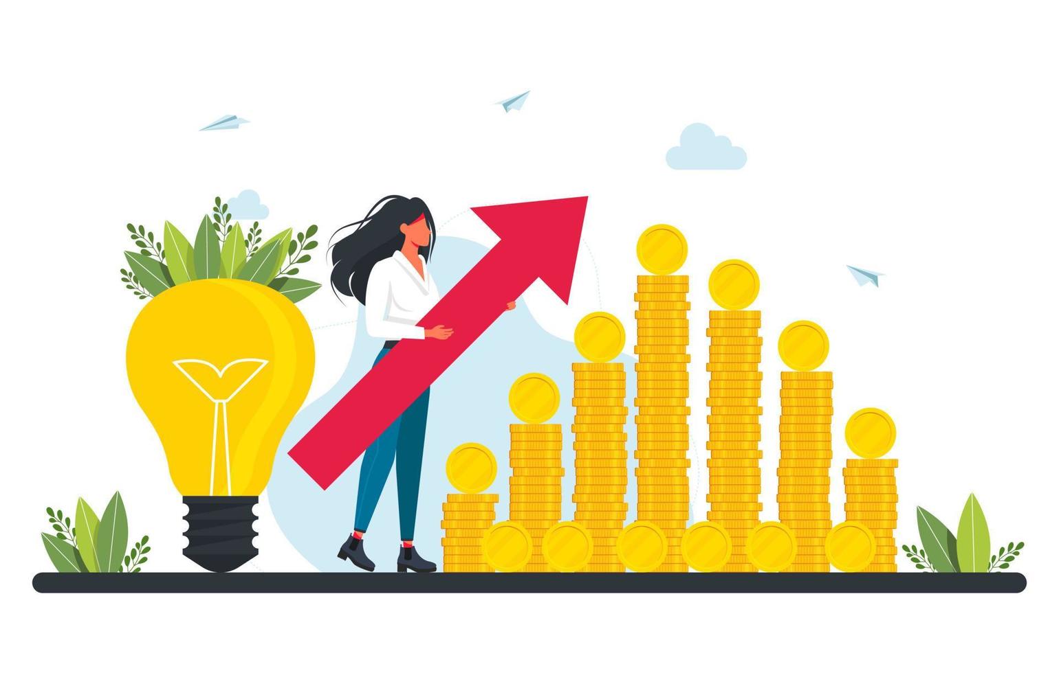 Crowdfunding and investing in an idea or starting a business.tiny businesswoman with big red arrow stands next to pile of coins and light bulb. Marketing investment. Business plan, finance management vector