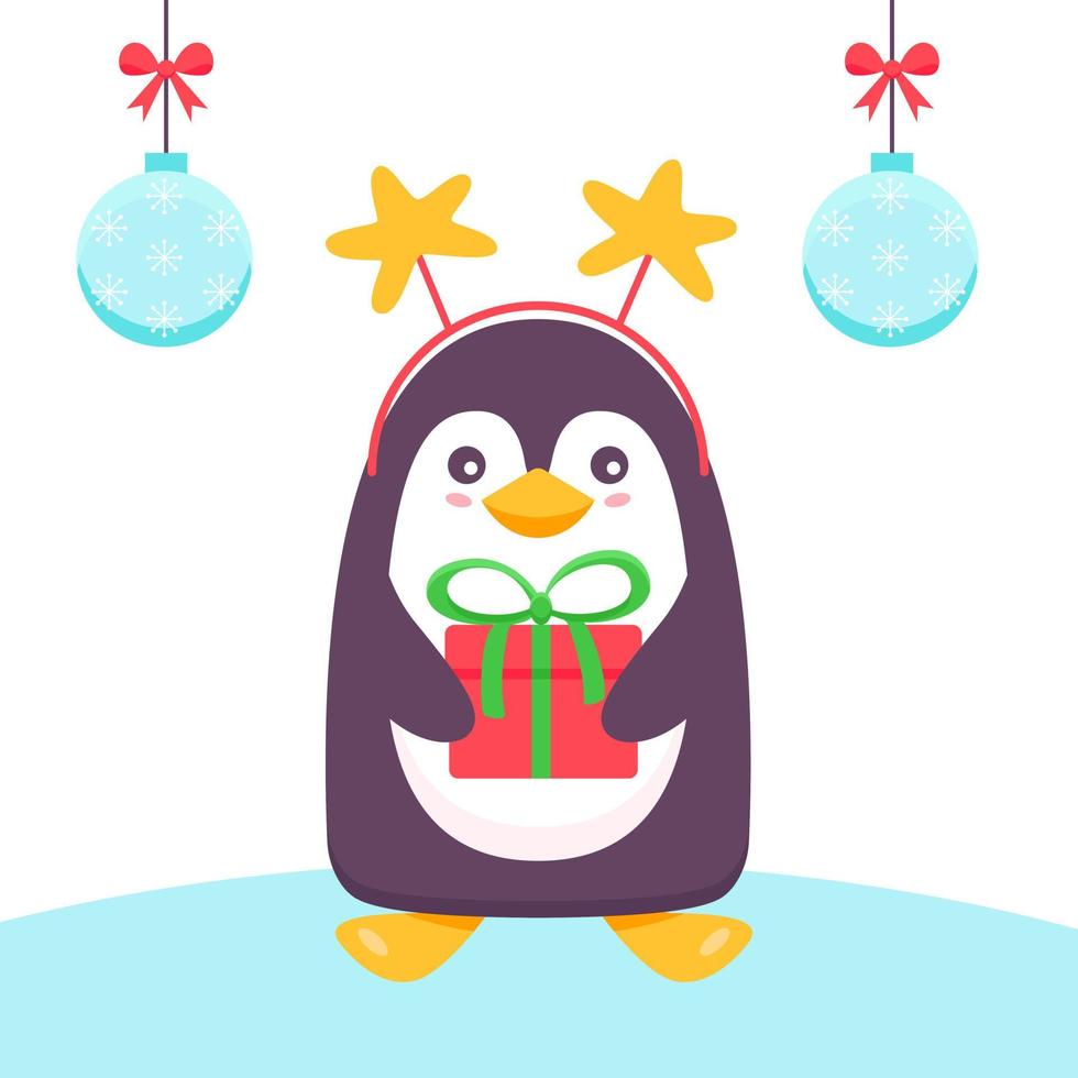 penguin with a gift and a rim of stars on his head. Christmas and New Year concept. New Year's penguin for Christmas. Vector illustration