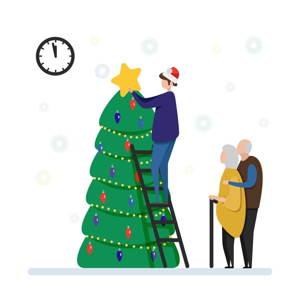 an elderly couple and their son decorate the Christmas tree, newyear, Merry Christmas, and New Year at home. Family celebration vector
