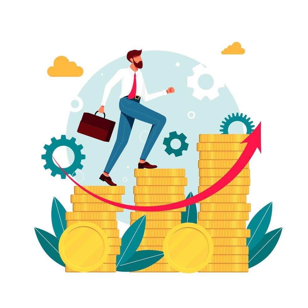 office workers, managers, businessmen running up the career stairs of money. Business goal achievement, career ladder progress, and advancement, Career growth, salary increase. Vector illustration