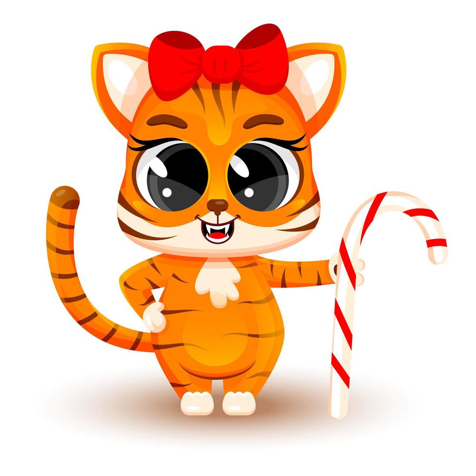 Cute cartoon tiger cub with candy cane. Christmas concept, Chinese New Year, symbol of 2022. Fashionable sticker. Christmas card. Vector illustration isolated on white background.