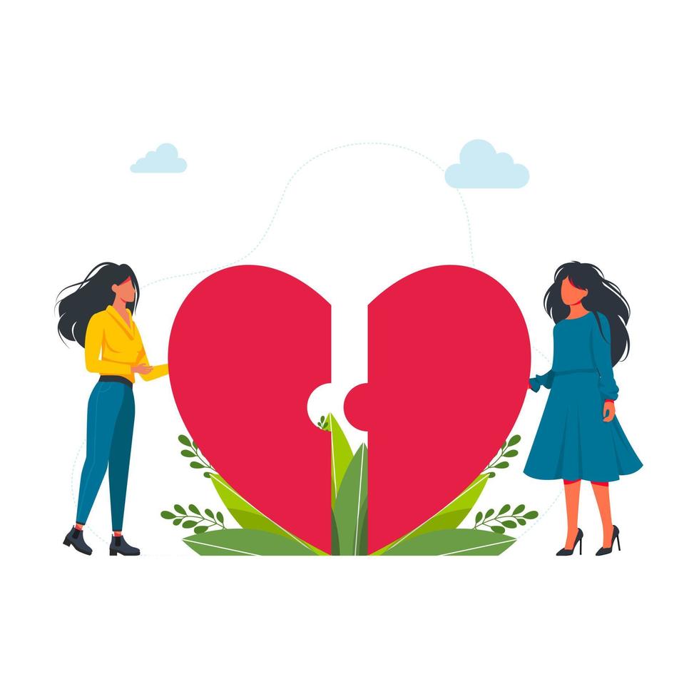 uTwo women couple connecting heart halves. LGBT, love is love, dating flat vector illustration Two flat females standing near a big broken red heart. Confident women. Self acceptance. Vector