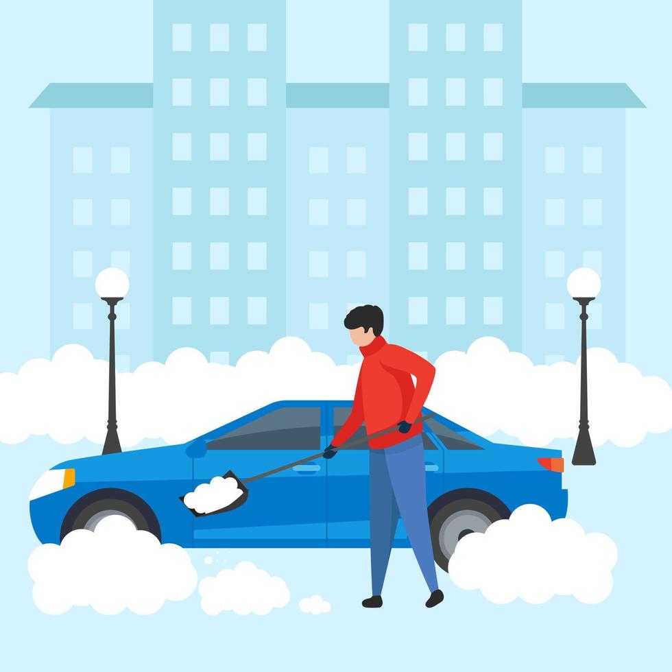 young man with a shovel cleans the car from snow. Clearing the area from snow during heavy snowfall. Flat illustration. vector
