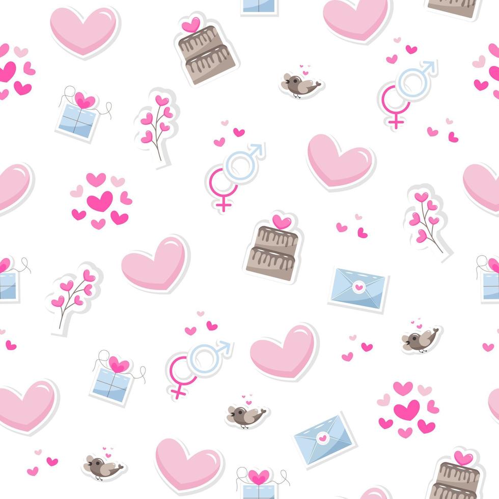 Valentine's day elements abstract background. Set of cute hand drawn icons about love isolated on white background in delicate shades of colors. Pattern Happy Valentine's Day vector