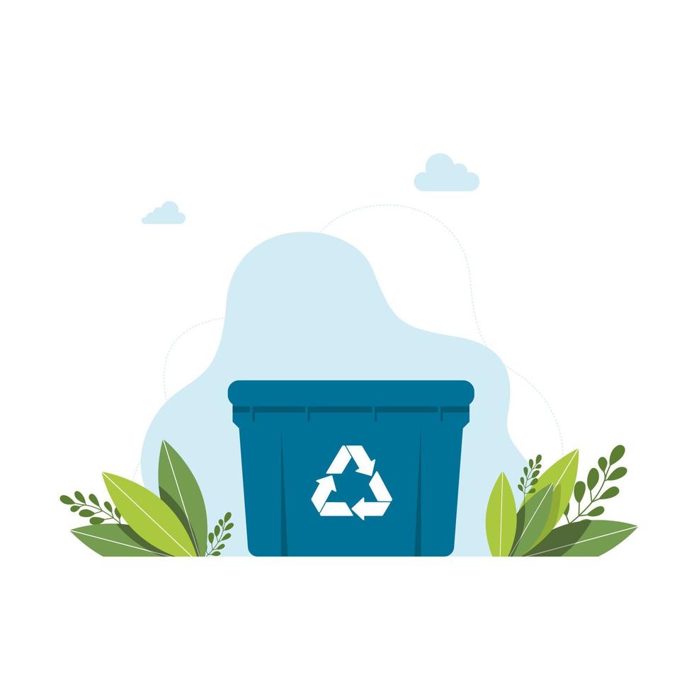 blue garbage can with sign of a garbage recycling Trash container bin icon. Garbage recycle basket box for trash waste vector