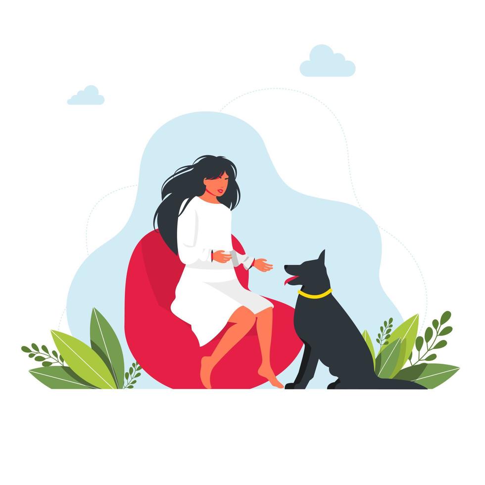 a girl is sitting on a pouf chair and and the big dog sits next to her. Stay home concept. Brunette girl sits and holds out her hand to the dog. pet concept. Vector. Leisure time with pet concept vector