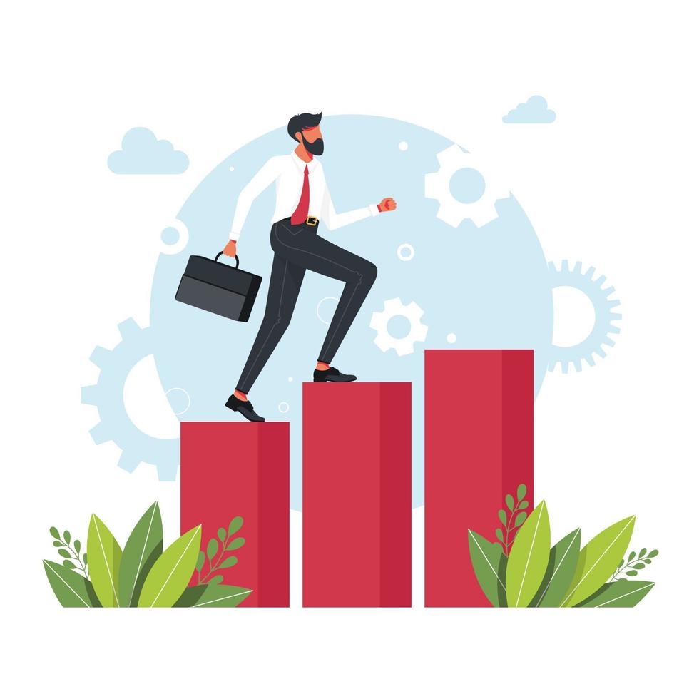 office workers, managers, Successful businessmen running up the career stairs. Business goal achievement, career ladder progress, and advancement. Vector illustration