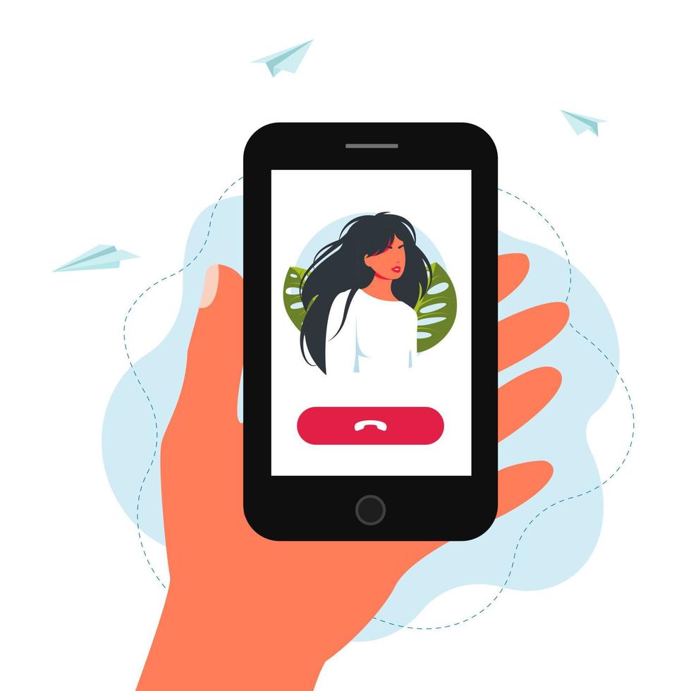 Video call concept. Video call with a loved one. Male hand holding smartphone with girlfriend on screen.Hand holding the phone during a video call. Online dating, long distance relationship concept. vector