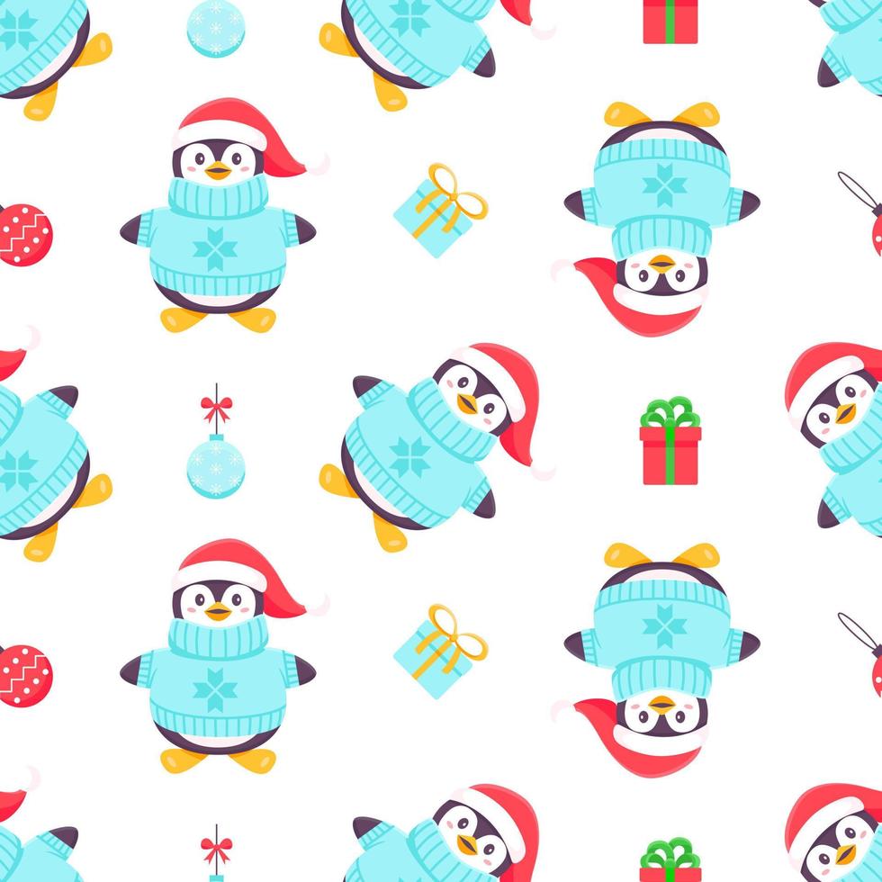 pingüinos de patrones sin fisuras. pingüino de dibujos animados en una gorra, bufanda y copos de nieve. vector lindo invierno ilustración fondo azul. Feliz Navidad y feliz año nuevo de patrones sin fisuras con pingüinos en vector