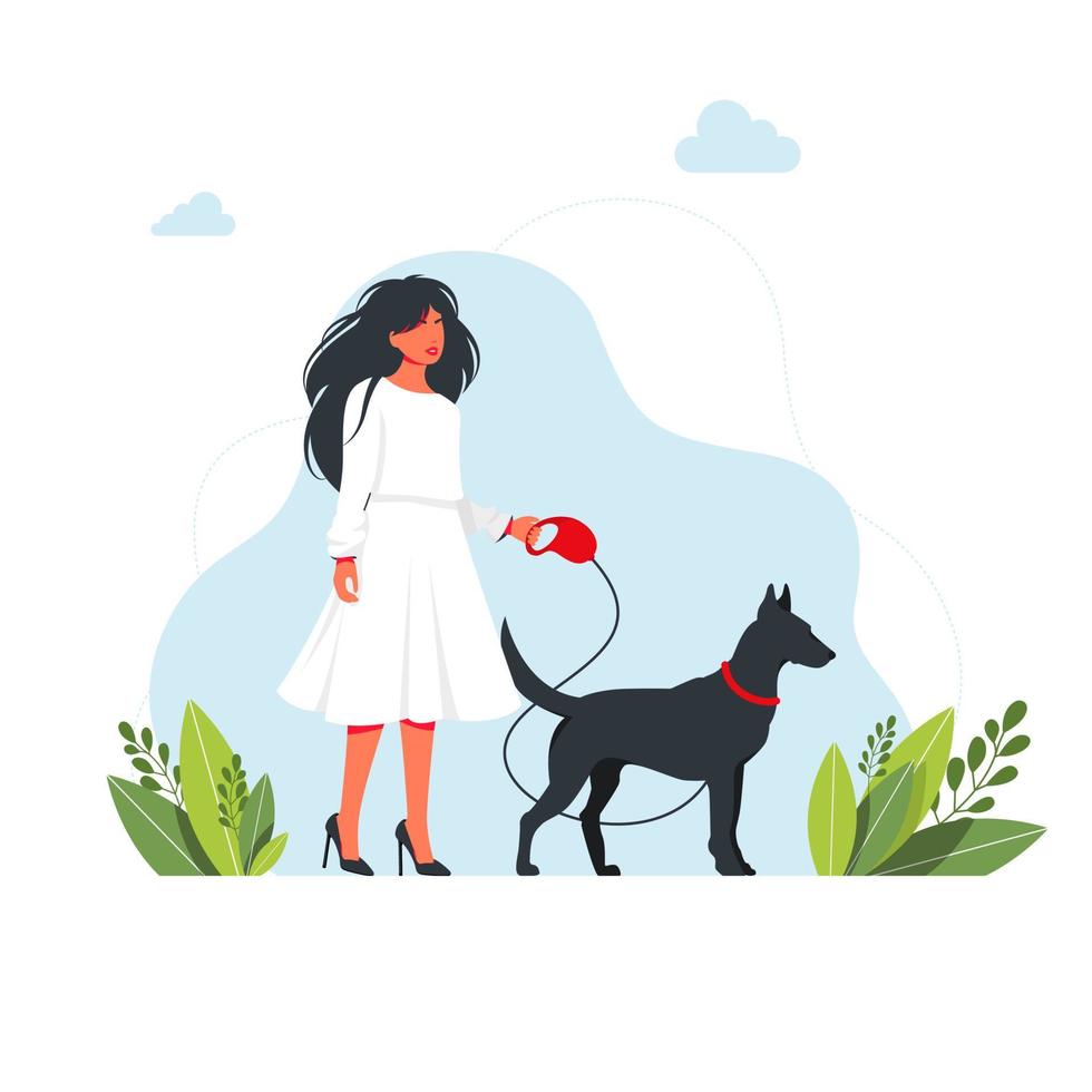 A beautiful woman in dress with heels is walking with a dog. Isolated on white background. young girl is walking with a big dog on a leash. Leisure time with pet concept. Vector illustration