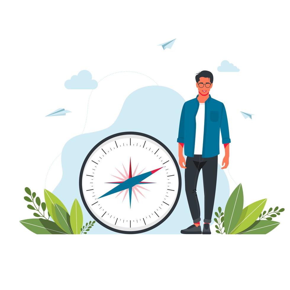 Vector illustration of man is holding a big compass in her hands. Cartography Orienteering, Navigation Equipment, Choose Correct Direction, Tourism and Hiking Concept. Cartoon Vector Illustration