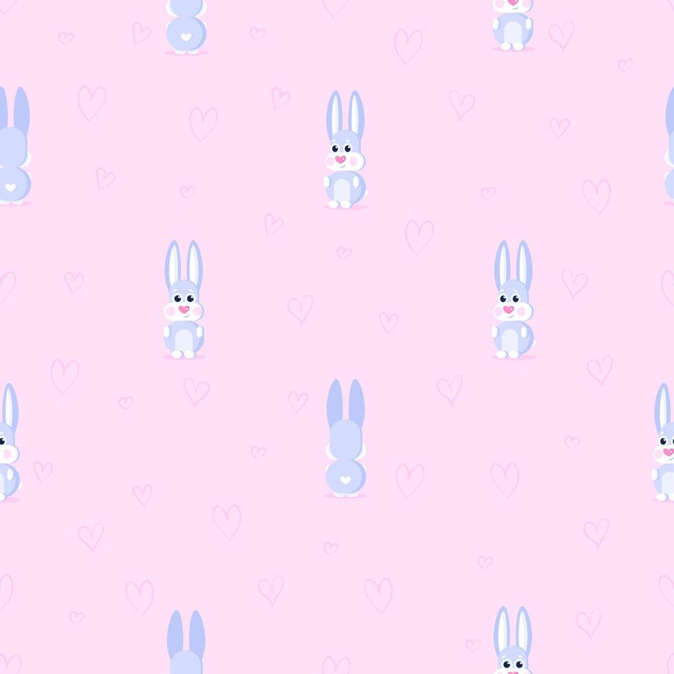 Cute rabbit. Seamless vector pattern on pink background with hearts. Vector illustration