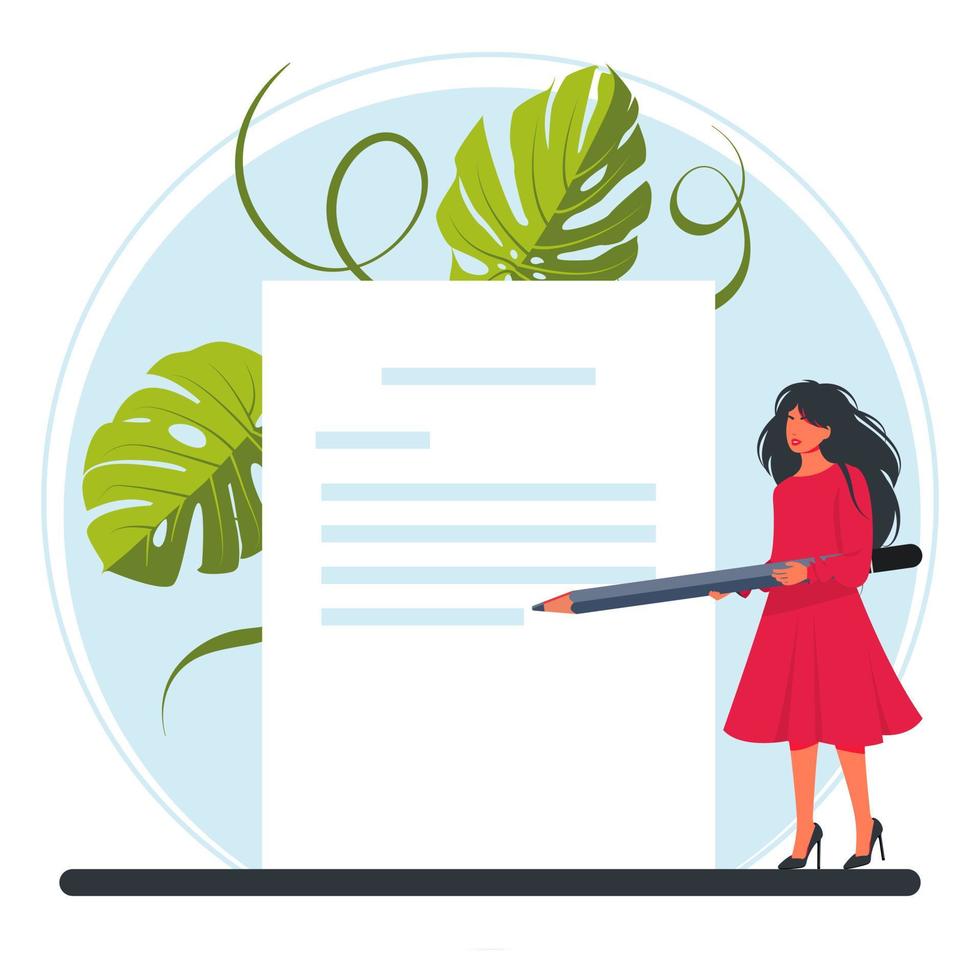 A tiny woman holds a huge pencil and writes a letter to them. Envelope mail correspondence in hands illustration. Characters Writing, Sending or Getting Post Mails Messages Concept.Vector illustration vector