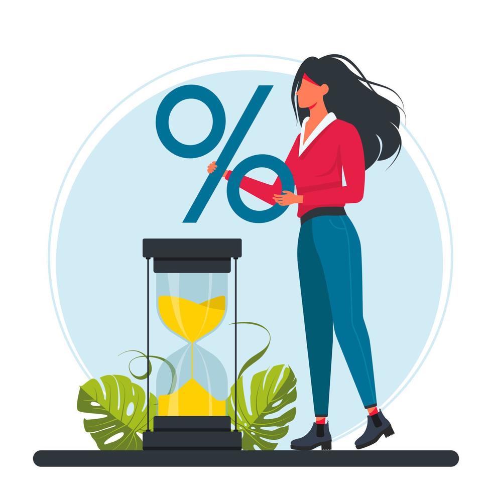 The businesswoman stands by a large hourglass and holds a large percent sign in her hands. Relationship finances. investment. Saving and accumulating money concept. Vector illustration