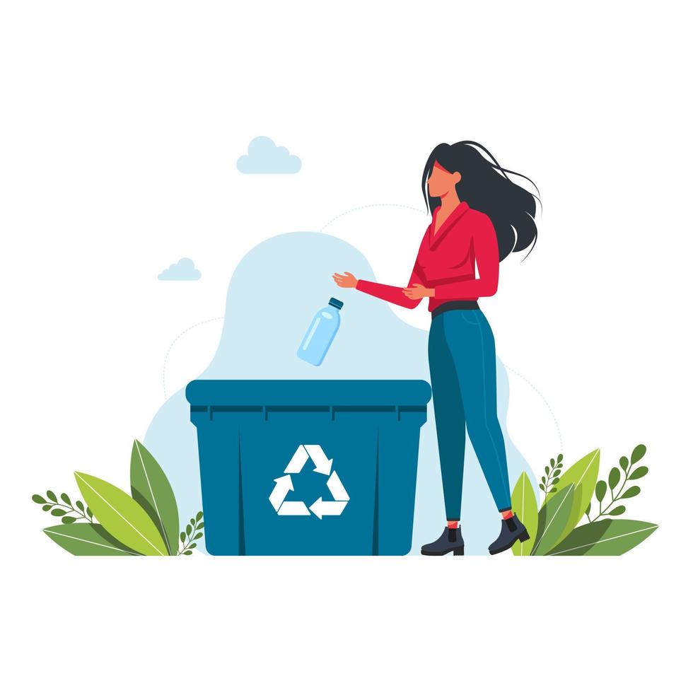 La mujer arroja una botella de plástico a la basura, el reciclaje de basura firma el concepto de cuidar el medio ambiente y clasificar la basura. reciclar, ilustración de vector de estilo de vida ecológico.