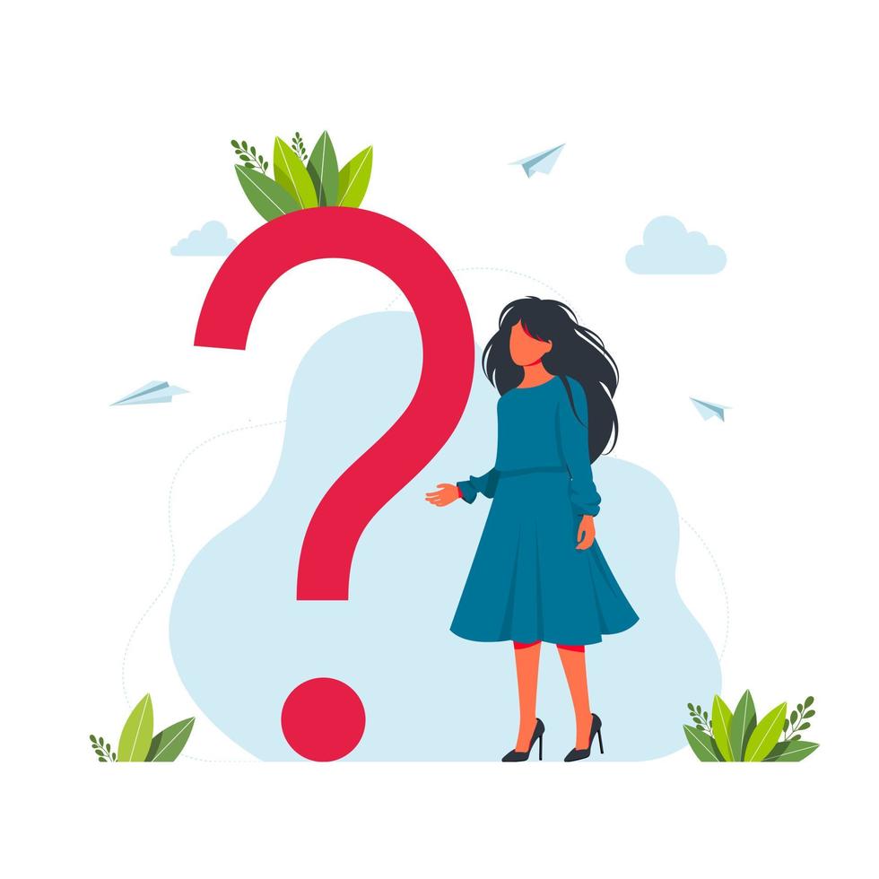 Vector illustration concept of frequently asked questions of question marks, metaphor question answer. FAQ Concept. Businesswoman around of Huge Question Mark Vector illustration