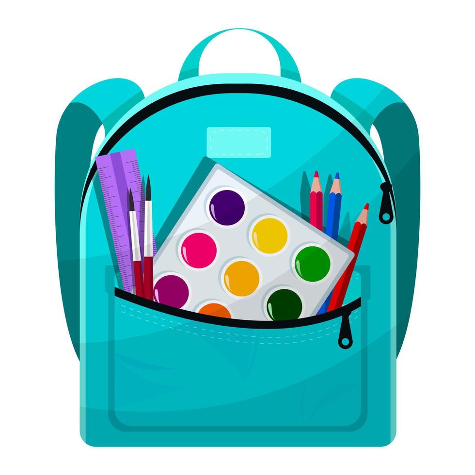 Colored school backpack. Education, schoolbag luggage, rucksack. Kids school bag backpack with education equipment.  Vector illustration