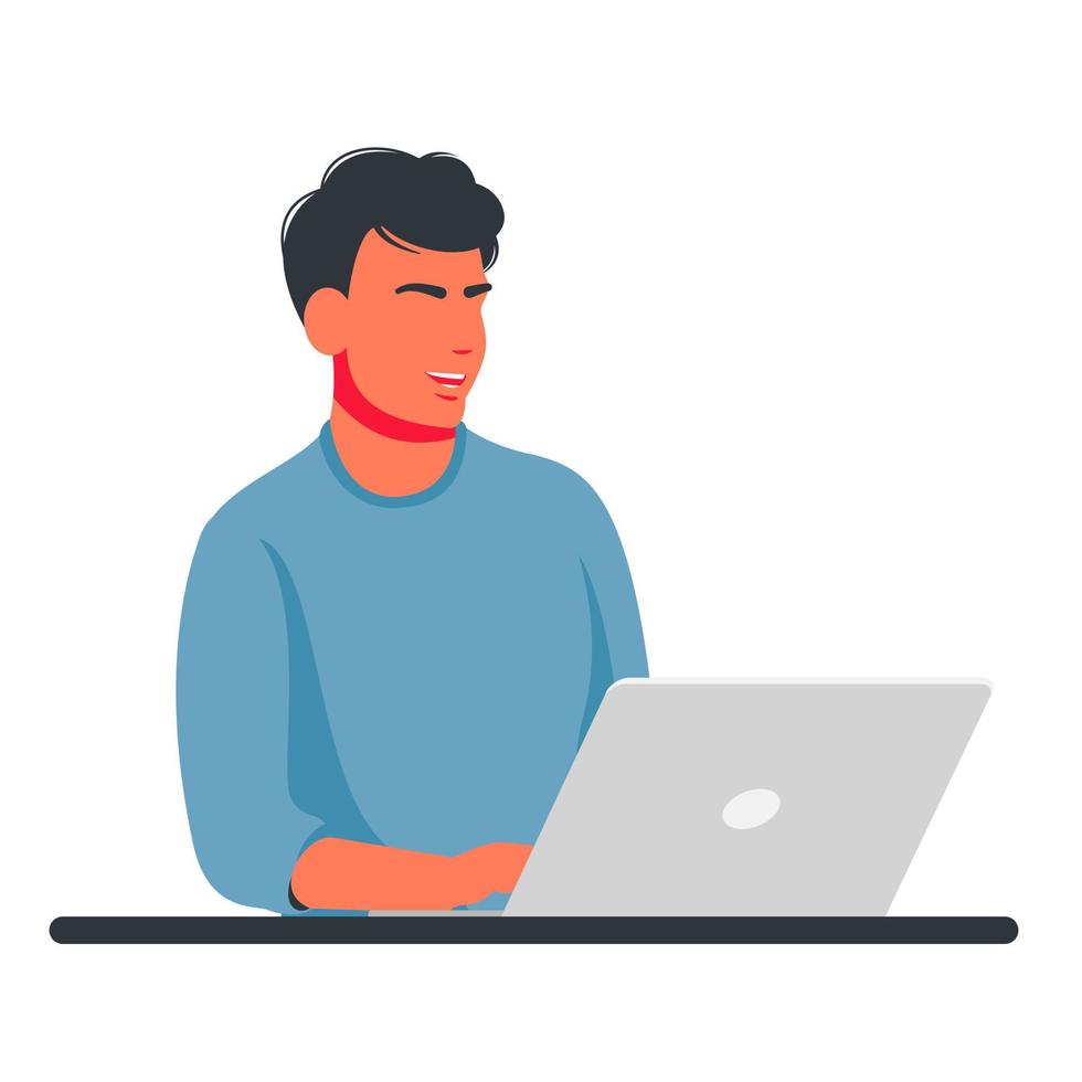 man working on laptop or computer from home with a cup of coffee. Home office concept, a woman working from home, student or freelancer. Vector illustration, flat style. Remote work, freelance concept