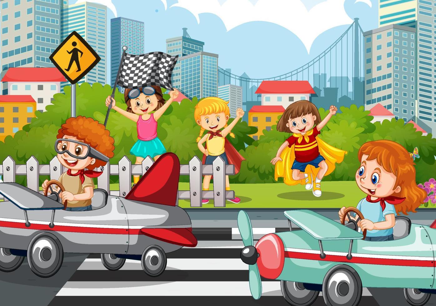 Outdoor scene with children racing car vector