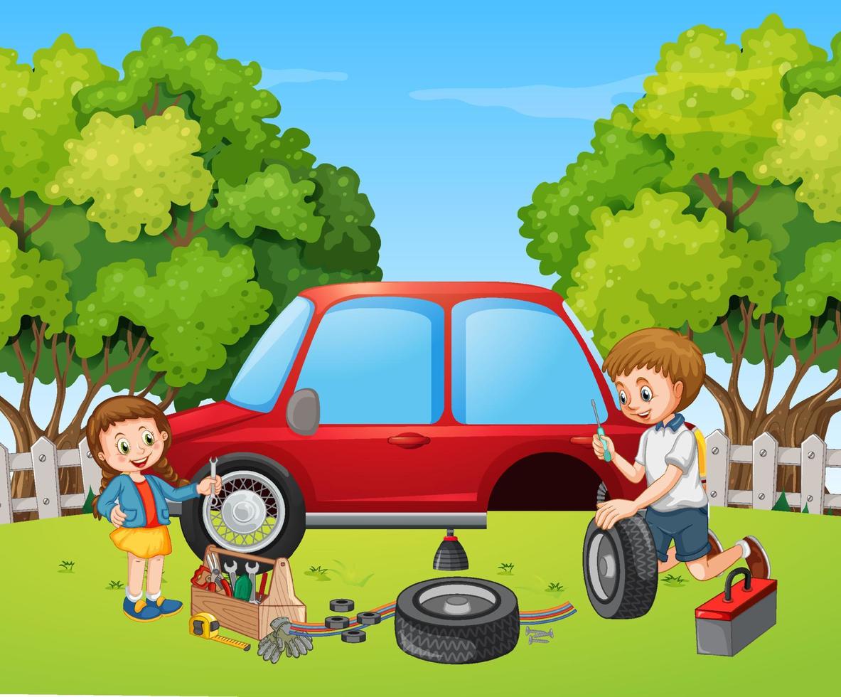 Outdoor scene with dad and daughter fixing a car together vector